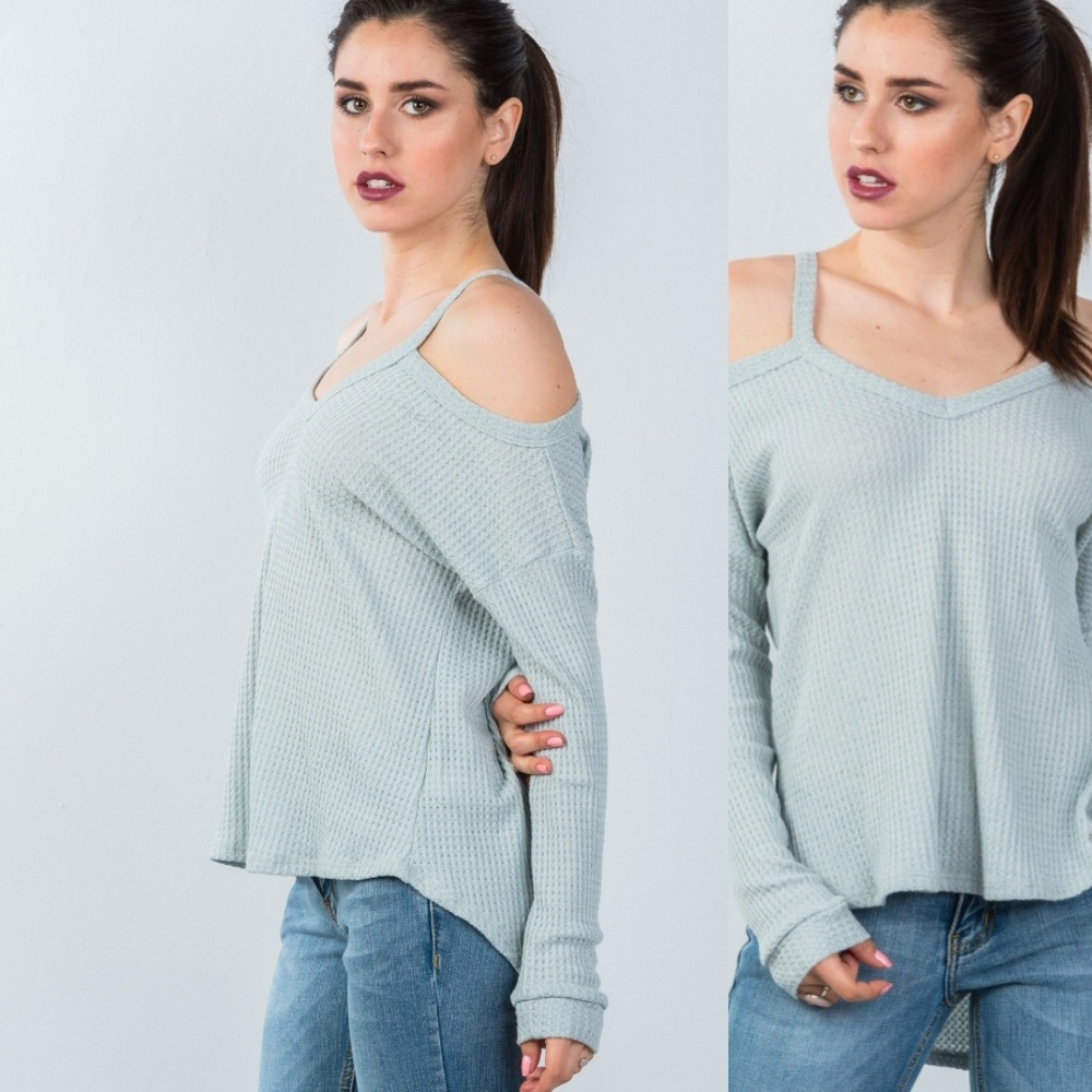 💕Cement Gray Cold Shoulder Waffle Top - Picture 2 of 4